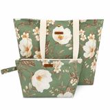 Elisss Bag Çiçek Desenli Kadın İkili Takım Cepli Piknik, Plaj, Makyaj, Bebek Bakım Seti Çantası Omuz & El Çantası (Yeşil)