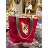 elisss bag Duck Keten Pamuk Kumaş Kedi Figürlü Kırmızı Çıtçıtlı Piknik Çantası Plaj Çantası Bebek Çantası Günlük Çanta - 42x35 cm - Kırmızı-10076