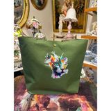 elisss bag Duck Keten Pamuk Kumaş Kedi Figürlü Yeşil Çıtçıtlı Piknik Çantası Plaj Çantası Bebek Çantası Günlük Çanta - 42x35 cm