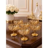 Elista Aura Gold 6\'lı Ayaklı Kristal Sunum ve Kahve Yanı Ikram Seti – Kehribar - Bal Rengi