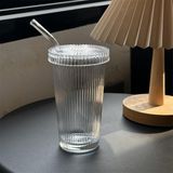Elite Çeyiz Avm Pipetli Cam Kapaklı Origami Stil Isıya Dayanıklı Borosilikat Cam Kapak ve Pipetli Origami Şekilli Bardak Kahve Sunum Bardağı - Şeffaf - 400 ml