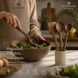 Elite Wood El Yapımı Ceviz Ağacı Kaşık Seti 4 Parça 31 cm | Doğal Ahşap Servis ve Salata Kaşıkları