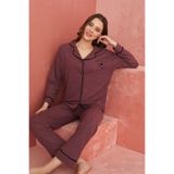 ELİTOL Mürdüm Kalp Desenli Kaşmir Önden Düğmeli Pijama Takım