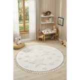 Eliz Home Daire Yuvarlak Krem Renk Yıldız Yumuşak Bukleli Dokuma Halı Bebek Odası Çocuk Odası Halısı 12 DAİRE