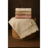Eliza %100 Pamuklu Kadife Dantelli Güpürlü Fiyonklu Çeyizlik El ve Yüz Havlusu - Krem - Bej - Pudra - 50 x 90 cm