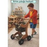 Elizi Ahşap Bebek Yürüteçi , Ahşap Bebek Arabası, Oyuncak Bebek Arabası - Mdf - asker desenli - Ham Ahşap