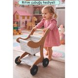 Elizi Ahşap Bebek Yürüteçi , Ahşap Bebek Arabası, Oyuncak Bebek Arabası - Mdf - renk2 - Ham Ahşap