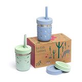 Elk and Friends Paslanmaz Çelik Bardaklar | Mason Kavanoz 10 oz | Silikon Kollu ve Tıpalı Pipetli Çocuk ve Küçük Çocuk Bardakları | Dökülmeye dayanıklı Smoothie Bardakları