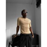 Elku Moda Erkek Düğmeli Bisiklet Yaka T-Shirt - Slim Fit Fitilli Ribana Örme Henley Yaka Tişört Old Money - Bej - XL