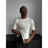 Elku Moda Erkek Düğmeli Bisiklet Yaka T-Shirt - Slim Fit Fitilli Ribana Örme Henley Yaka Tişört Old Money - Beyaz - XL