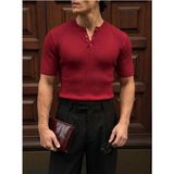 Elku Moda Erkek Düğmeli Bisiklet Yaka T-Shirt - Slim Fit Fitilli Ribana Örme Henley Yaka Tişört Old Money - Kırmızı - XL