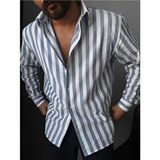 Elku Moda Erkek Oversize Çizgili Keten Karışımlı Rahat Kalıp Uzun Kollu Gömlek - Lacivert