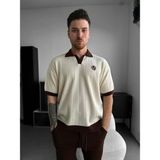 Elku Moda Erkek Oversize Çizgili Triko Polo Yaka Tişört Old Money Stil Örme Polo T-Shirt - Krem
