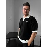 Elku Moda Erkek Oversize Çizgili Triko Polo Yaka Tişört Old Money Stil Örme Polo T-Shirt - Siyah - XL