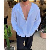 Elku Moda Erkek Oversize Hakim Yaka Keten Karışımlı Gömlek Rahat Kalıp Düz Renk Salaş Gömlek - Beyaz