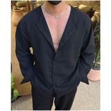 Elku Moda Erkek Oversize Hakim Yaka Keten Karışımlı Gömlek Rahat Kalıp Düz Renk Salaş Gömlek - Siyah - 2XL