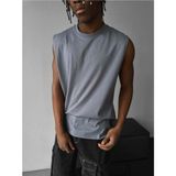 Elku Moda Erkek Oversize Sıfır Kol T-Shirt Geniş Omuz Kesim Salaş Basic Atlet Pamuklu Rahat Kalıp Tişört - Gri - XL
