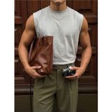 Elku Moda Erkek Oversize Sıfır Kol T-Shirt Geniş Omuz Kesim Salaş Basic Atlet Pamuklu Rahat Kalıp Tişört - Gümüş