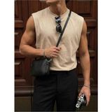 Elku Moda Erkek Oversize Sıfır Kol T-Shirt Geniş Omuz Kesim Salaş Basic Atlet Pamuklu Rahat Kalıp Tişört - Krem - XL
