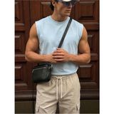 Elku Moda Erkek Oversize Sıfır Kol T-Shirt Geniş Omuz Kesim Salaş Basic Atlet Pamuklu Rahat Kalıp Tişört - Mavi