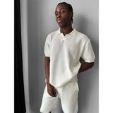 Elku Moda Erkek Petek Dokulu Triko Polo Yaka Tişört Nakışlı Örme Kısa Kollu Oversize Polo T-Shirt - Beyaz