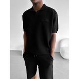 Elku Moda Erkek Petek Dokulu Triko Polo Yaka Tişört Nakışlı Örme Kısa Kollu Oversize Polo T-Shirt - Siyah - XL