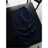 Elku Moda Erkek Rahat Kesim Pileli Kumaş Pantolon Relaxed Fit Yüksek Bel Dökümlü Pantolon - Lacivert