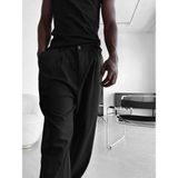 Elku Moda Erkek Rahat Kesim Pileli Kumaş Pantolon Relaxed Fit Yüksek Bel Dökümlü Pantolon - Siyah