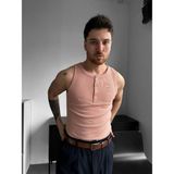 Elku Moda Erkek Sıfır Kol T-Shirt - Slim Fit Fitilli Ribana Dokuma Kolsuz Atlet Sıfır Yaka Spor Atlet Tişört - Pembe - XL