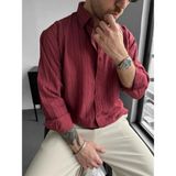 Elku Moda Erkek Yarım Düğmeli Dik Yaka Gömlek %100 Pamuklu Keten Dokulu Rahat Kalıp Gömlek Yazlık Salaş Bohem Stil Gömlek - Bordo - XL