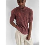Elku Moda Erkek Yarım Oversize Çizgili Yıkamalı Triko Tişört Fitilli Pamuk Triko T-Shirt - Bordo