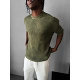 Elku Moda Erkek Yarım Oversize Çizgili Yıkamalı Triko Tişört Fitilli Pamuk Triko T-Shirt - Haki