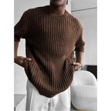 Elku Moda Erkek Yarım Oversize Çizgili Yıkamalı Triko Tişört Fitilli Pamuk Triko T-Shirt - Kahverengi - XL