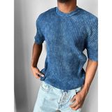 Elku Moda Erkek Yarım Oversize Çizgili Yıkamalı Triko Tişört Fitilli Pamuk Triko T-Shirt - Mavi