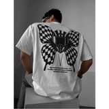 Elku Moda Kask Kelebek Baskılı Oversize Tişört Arkası Büyük Motivasyon Desenli %100 Pamuklu Streetwear T-Shirt - Beyaz