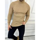 Elku Moda Kazak Slim Fit Tüylenmez Naturel Pamuk Triko Boğazlı Balıkçı Yaka Kazak - Kahverengi