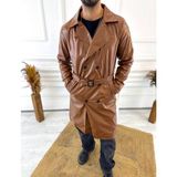 Elku Moda Kruvaze Trençkot Kemerli Cepli Su Itici Deri Mont Uzun Deri Trençkot Deri Kaban Deri Ceket - Kahverengi