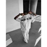 Elku Moda Made In Hell Slogan Gotik Oversize Tişört %100 Pamuklu Bisiklet Yaka T-Shirt Salaş Dökümlü Bol - Beyaz - Siyah - XL