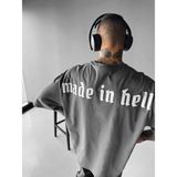 Elku Moda Made In Hell Slogan Gotik Oversize Tişört %100 Pamuklu Bisiklet Yaka T-Shirt Salaş Dökümlü Bol - Gri - XL
