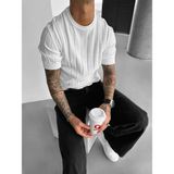 Elku Moda Old Money Style Erkek Slim Fit Dikey Çizgili T-Shirt Bisiklet Yaka Fitilli Triko Örme Tişört - Beyaz