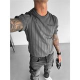 Elku Moda Old Money Style Erkek Slim Fit Dikey Çizgili T-Shirt Bisiklet Yaka Fitilli Triko Örme Tişört - Füme - XL