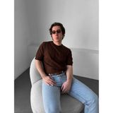 Elku Moda Old Money Style Erkek Slim Fit Dikey Çizgili T-Shirt Bisiklet Yaka Fitilli Triko Örme Tişört - Kahverengi