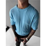 Elku Moda Old Money Style Erkek Slim Fit Dikey Çizgili T-Shirt Bisiklet Yaka Fitilli Triko Örme Tişört - Mavi