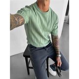 Elku Moda Old Money Style Erkek Slim Fit Dikey Çizgili T-Shirt Bisiklet Yaka Fitilli Triko Örme Tişört - Mint Yeşili - XL