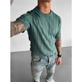 Elku Moda Old Money Style Erkek Slim Fit Dikey Çizgili T-Shirt Bisiklet Yaka Fitilli Triko Örme Tişört - Petrol Yeşili