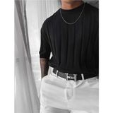 Elku Moda Old Money Style Erkek Slim Fit Dikey Çizgili T-Shirt Bisiklet Yaka Fitilli Triko Örme Tişört - Siyah