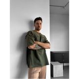 Elku Moda Oversize Eskitme Detaylı Yırtık Triko T Sfhirt Vintage Yıkamalı Streetwear Salaş Tişört - Haki