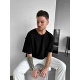 Elku Moda Oversize Eskitme Detaylı Yırtık Triko T Sfhirt Vintage Yıkamalı Streetwear Salaş Tişört - Siyah - XL