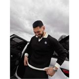 Elku Moda Premium Old Money Çizgili Polo Yaka Erkek Triko Kazak - Relaxed Fit Dokulu V Yaka Örgü Sweatshirt - Siyah - Beyaz