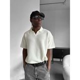 Elku Moda Premium V Yaka Örme Polo Tişört Erkek Oversize Triko Üst Old Money Stil Rahat Kesim Dokulu Yazlık Italyan Yaka Tişört - Beyaz - XL